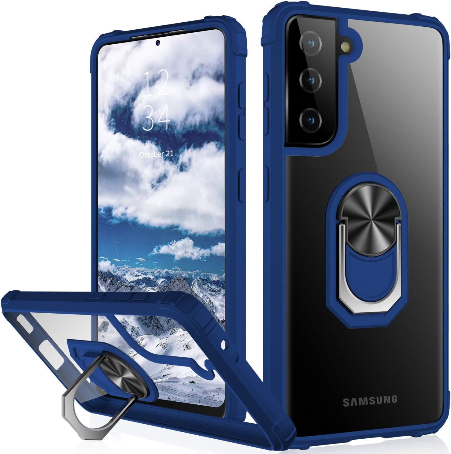 IKAZZ Galaxy S21 plus Case,Samsung S21 plus Cover Military Grade Shockproof Heavy Duty Protective Phone Case Pass 16Ft Drop Test with Magnetic Kickstand for Samsung Galaxy S21 plus Gold  IKAZZ Clear+Blue Galaxy S21 Plus (Medium 6.7") 