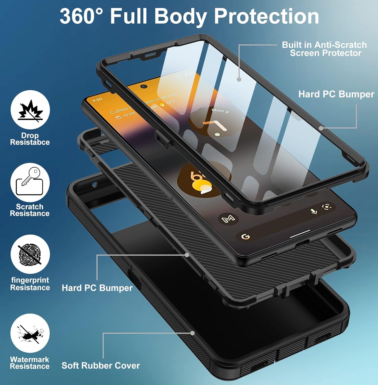 Aimoll-88 for Google Pixel 6A Case, with Built in Screen Protector Heavy Duty Drop Protection, Full Body Rugged Shockproof Dustproof Tough Protective Phone Cover for Google Pixel 6A Black  Aimoll-88   