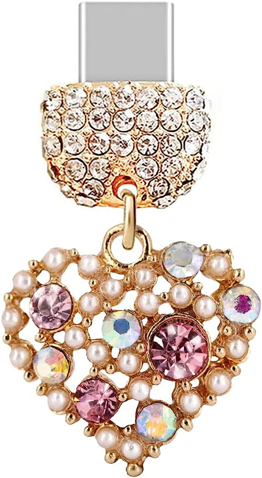 ELISE & FONDA TP199 Type-C USB Charging Port Crystal anti Dust Plug Little Love Heart Pendant Cell Phone Charm for Samsung Galaxy/Huawei/Oneplus/Xiaomi/Oppo Android Phones (Pink)  ELISE & FONDA   