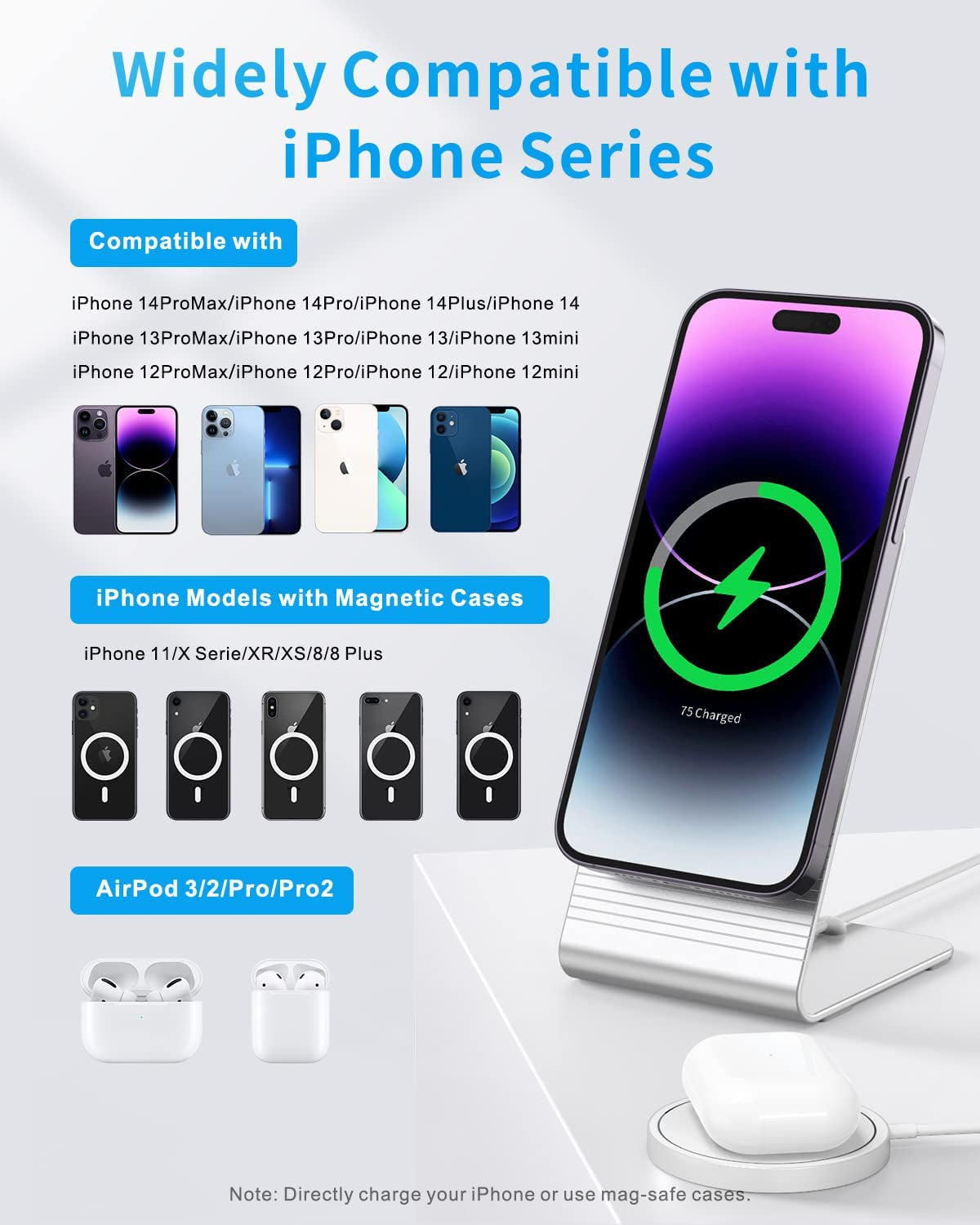 Magnetic Wireless Charger, Mag-Safe Charger Stand with 20W USB C PD Adapter, Mag-Safe Charging Station Compatible with Iphone 14/13/12 Series, Fast Wireless Charging Pad with Phone Stand  W105   