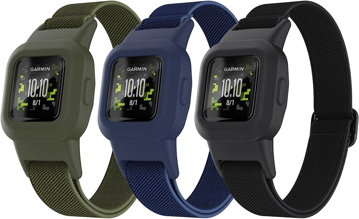 Mosstek Elastic Bands Compatible for Garmin Vivofit Jr 3 Bands for Kids 6+, Soft Stretchy Loop Nylon Bands Compatible for Garminfit Jr. 3 Swim-Friendly Adjustable Replacement Boys Girls, 3 Pack  Mosstek Navy+Black+Army Green  