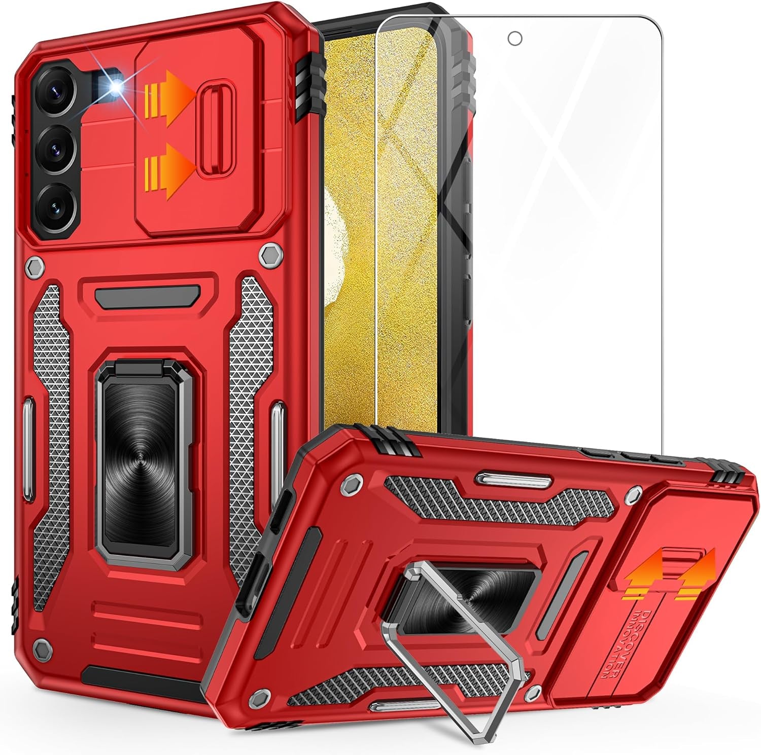 Galaxy S22 Case，S22 Case with Slide Camera Cover and Screen Protector, Shockproof Samsung S22 Galaxy Case with 360° Magnetic Ring Holder Kickstand Phone Case for Samsung S22 Black  Gritup Red  