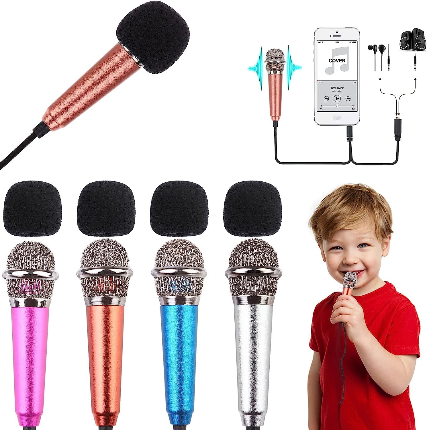 5-Piece Mini Microphone Tiny Microphone Mini Mic for Recording Voice and Singing on Iphone, Android Phones or Tablet, Metal, with 113 Cm Cord, 3.5 Mm Input (Rose Red, Rose Gold, Silver, Blue, Black)  Hopeson rose gold, rose red, silver, blue 4-Piece 