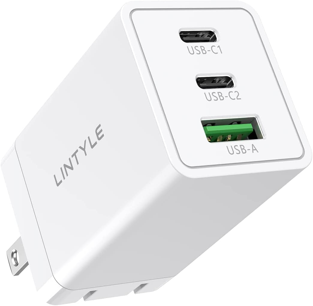 LINTYLE 3-Port USB C Gan Charger 65W PD 3.0 Fast Charger Block USB-C Power Delivery Type C Wall Charger Foldable Adapter for Iphone 14 Pro Max and Macbook Pro/Air, Galaxy S22/S21, Laptop (65W, Black)  LINTYLE White  