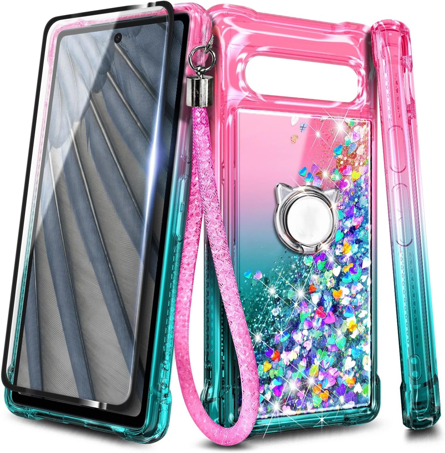 NZND Compatible with Google Pixel 7A (2023) with Tempered Glass Screen Protector, Ring Holder/Wrist Strap, Glitter Liquid Floating Waterfall Durable Girls Women Cute Phone Case (Pink/Aqua)  NZND   