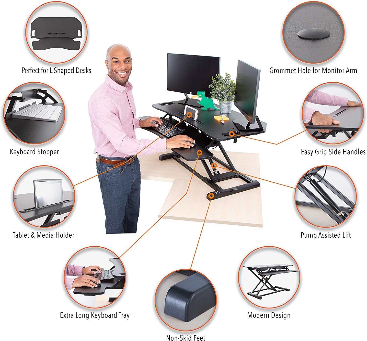 Flexpro Hero Corner Standing Desk Converter 37 Inch | Great for Cubicles & L-Shaped Desks | 2 Level Sit to Stand Workspace with Keyboard Shelf & Monitor Riser | Easily Sit or Stand (Black / 37 )  Stand Steady   