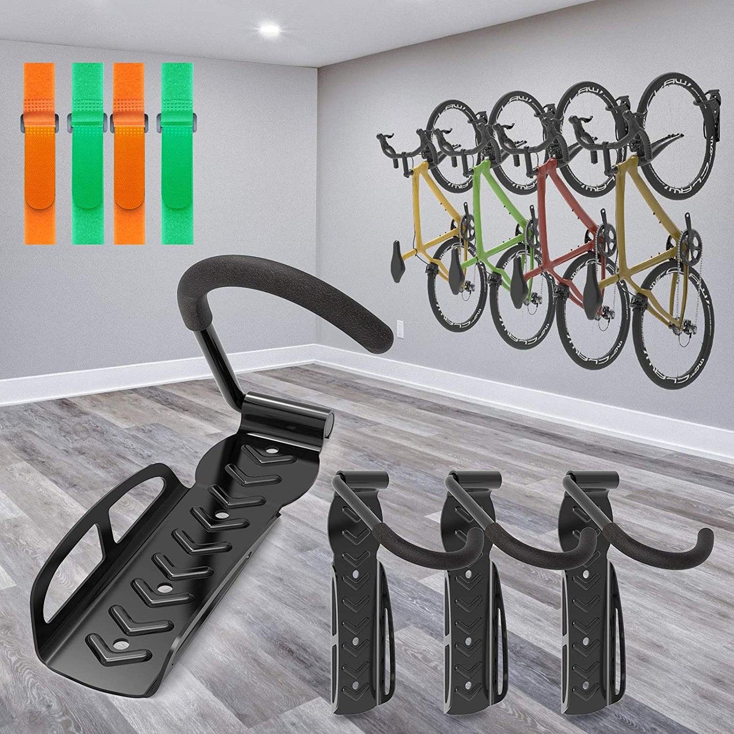 4 Pack Garage Bike Rack Wall Mount Organizer Bike Hook Bicycle Hanger Storage System Vertical Hanging for Indoor Shed Easily Hang Heavy Duty 66 Lbs for Road Mountain Hybrid Bikes with 4 Rack Straps  SMALLRT   