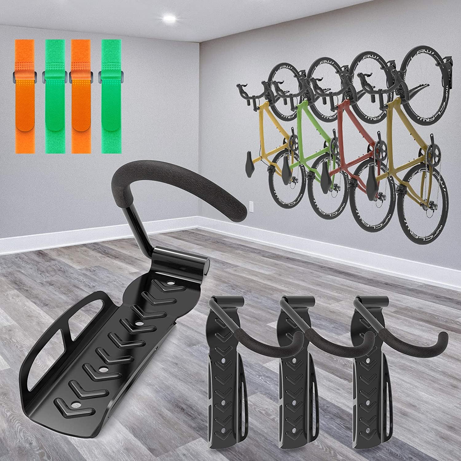 4 Pack Garage Bike Rack Wall Mount Organizer Bike Hook Bicycle Hanger Storage System Vertical Hanging for Indoor Shed Easily Hang Heavy Duty 66 Lbs for Road Mountain Hybrid Bikes with 4 Rack Straps  SMALLRT   