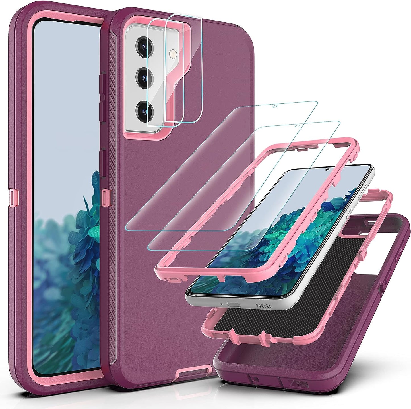 Ymhxcy Galaxy S21 Case, Drop 3 Layer Durable Cover (No Screen Protector) Solid Rubber Case / 16Ft Test Clear Case for Samsung Galaxy S21-Crystal Clear  YmhxcY Sf-Wine Red And Rose Pink Sf-Galaxy S21 