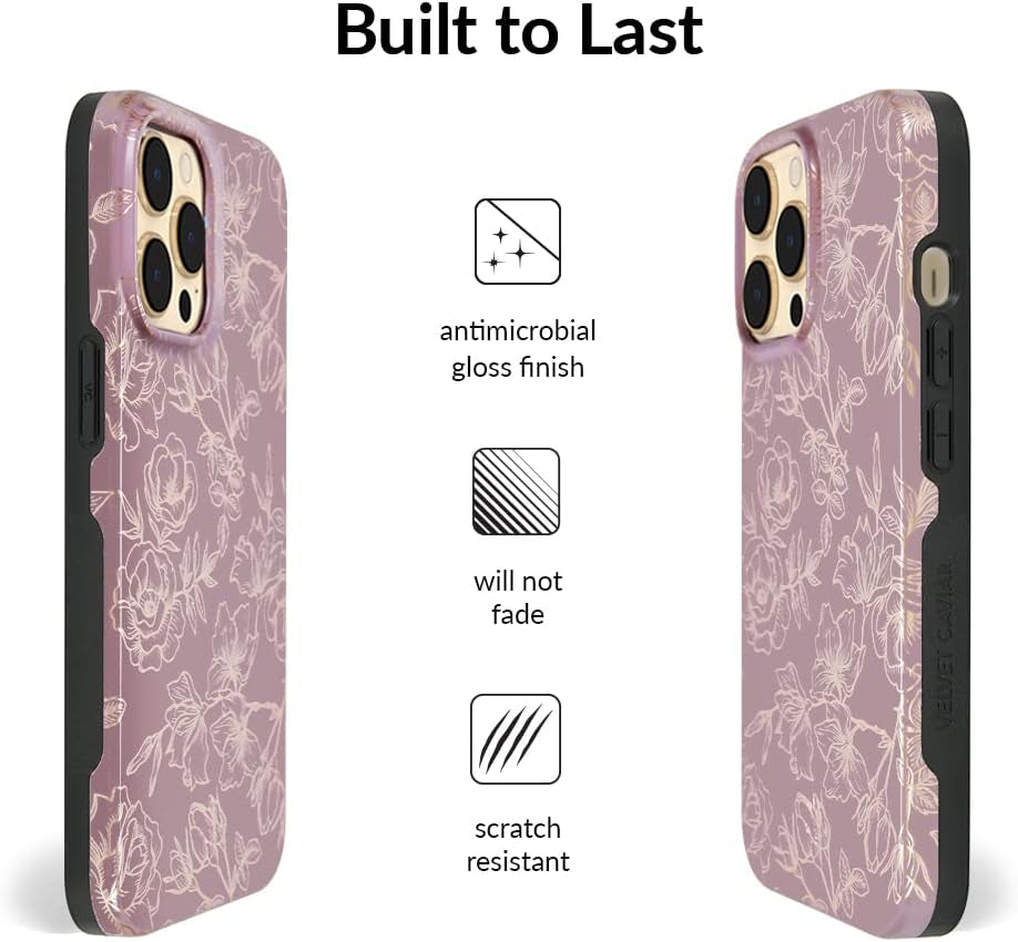 Velvet Caviar Designed for Iphone 14 PRO Case Floral [10Ft Drop Tested] Compatible with Magsafe - Protective Microfiber Lining (Purple, Rose Gold)  Velvet Caviar   