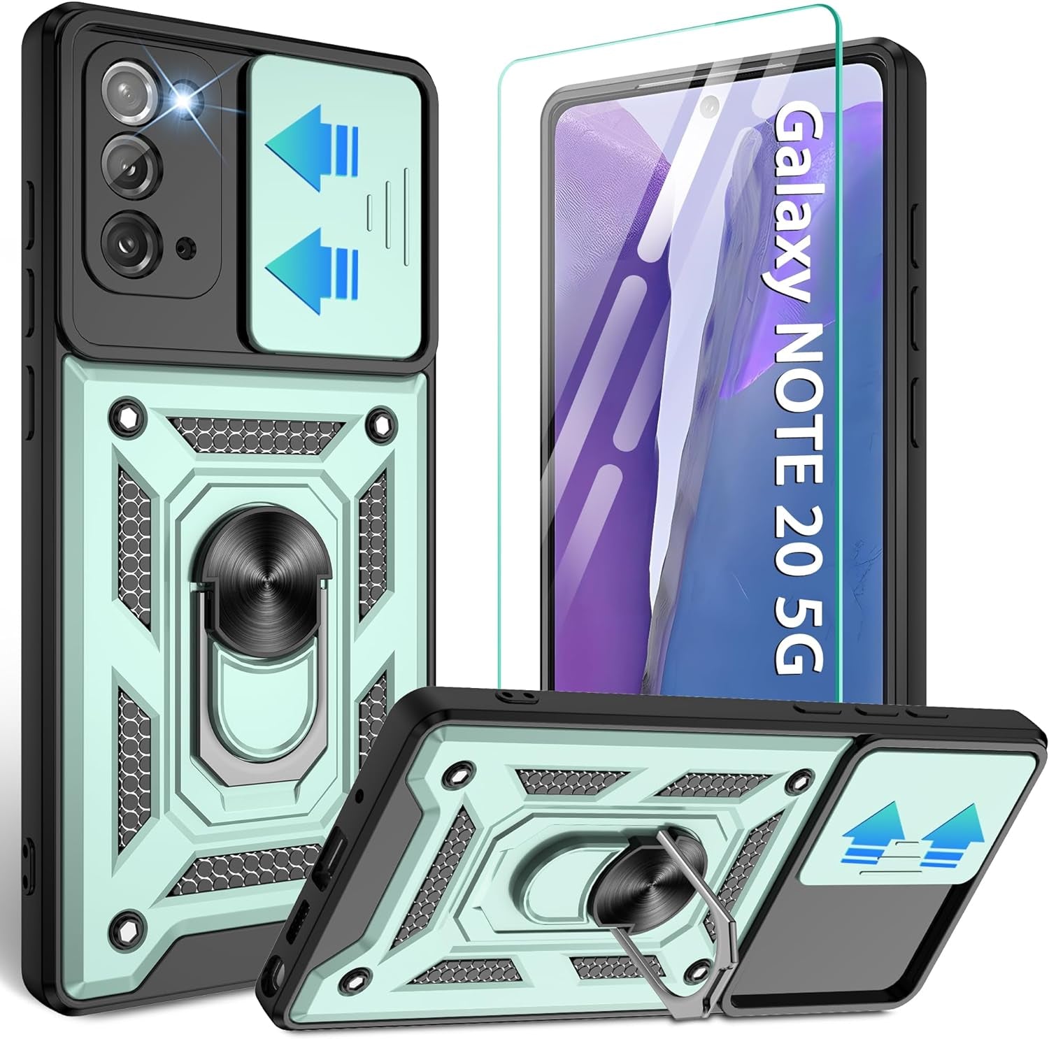 Compatible with Samsung Galaxy Note 20 5G Case,Samsung Note 20 Case with HD Screen Protector with Slide Camera Cover, 360°Rotation Ring Kickstand [Military Grade] Case for Galaxy Note 20,Silver  Gritup Dark Green  