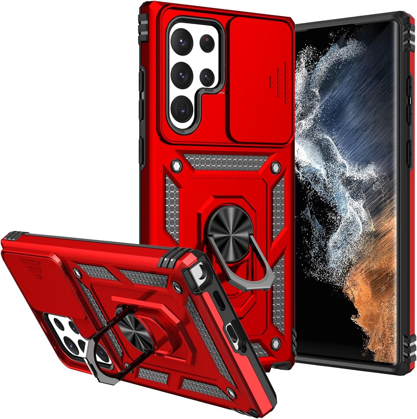 S22 Ultra Case,Samsung Galaxy S22 Ultra Case,With Camera Cover,[Military Grade] 16Ft.Drop Tested Cover with Magnetic Kickstand Protective Case for Galaxy S22 Ultra 6.8 Inch Blue  SKMY Red  