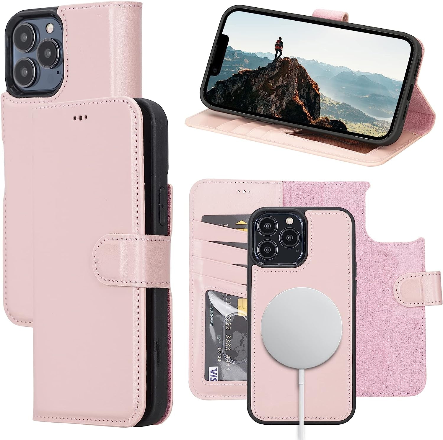 OXA Leather 2-In-1 Wallet Case Compatible with Iphone 14 Pro Max | Magnetic Detachable | Shockproof | RFID Blocking | Flip Case with Kickstand | Compatible with Magsafe | - Purple  OXA Pink iPhone 14 Pro Max 