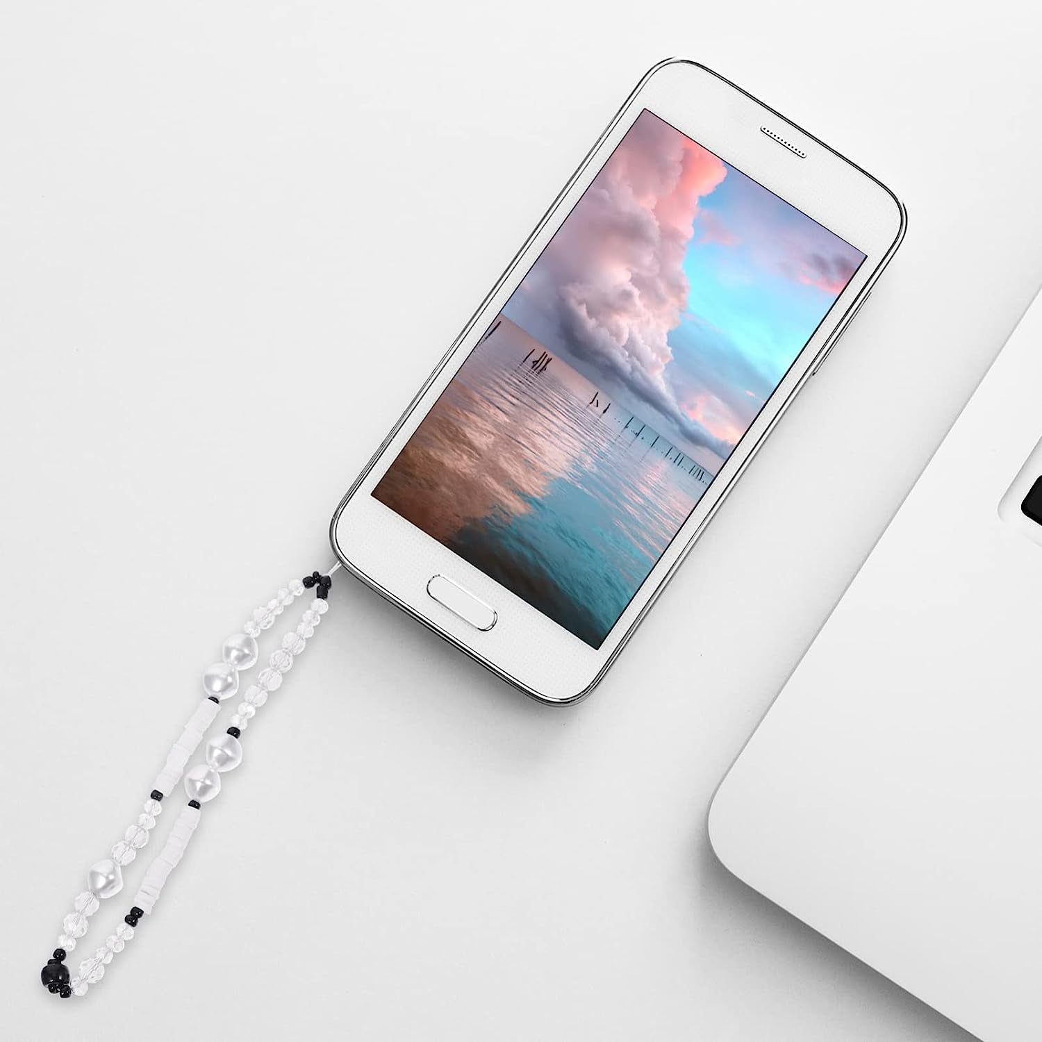 Unomor Keychain Wristlet Beaded Phone Lanyard Polymer Clay Beads Phone Charm Anti- Slip Phone Chain Strap Phone Wristband for Phone Camera Flashlight (White) Key Ring Wristlet  Unomor   