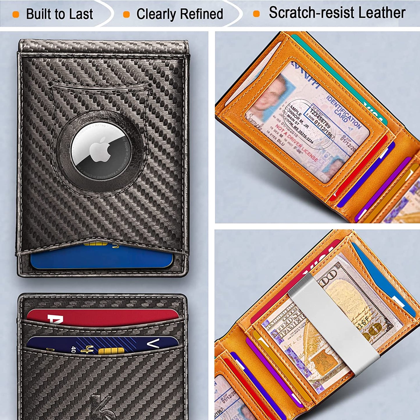 KEMISANT Mens Wallet for Airtag or Standard Use, Slim Front Pocket Wallet 11 Cards RFID Blocking,No Hole  KEMISANT   