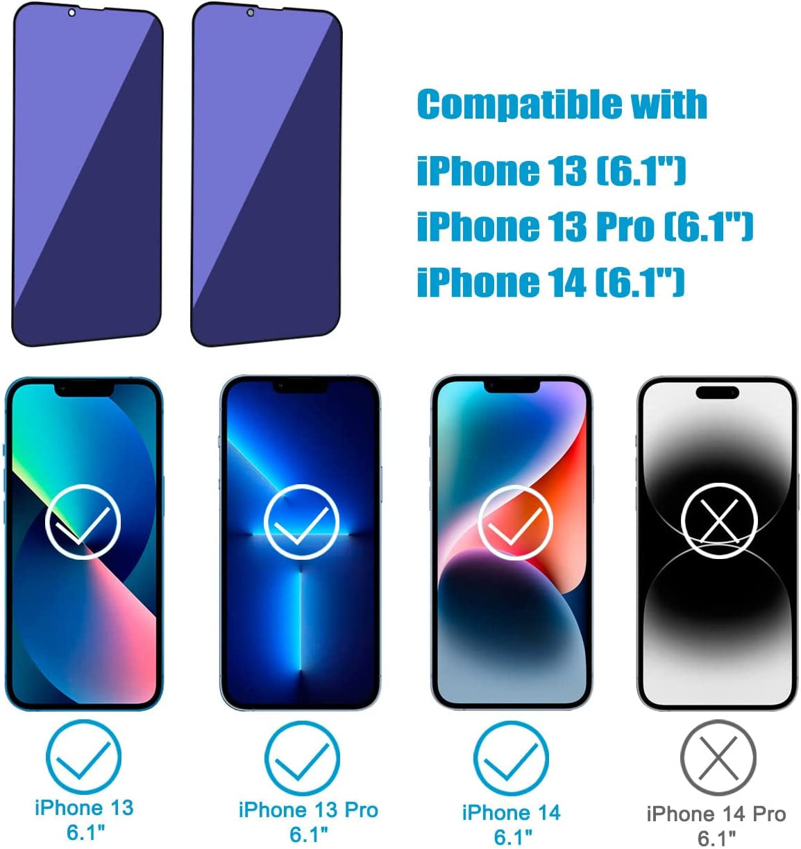 SOOPUR [2 Pack Compatible with Iphone 13 / Iphone 13 Pro/Iphone 14 Anti-Blue Light Privacy Screen Protector 6.1", Scratch Resistant, Anti-Shatter Tempered Glass Film, Rounded Edge Full Coverage  SOOPUR   