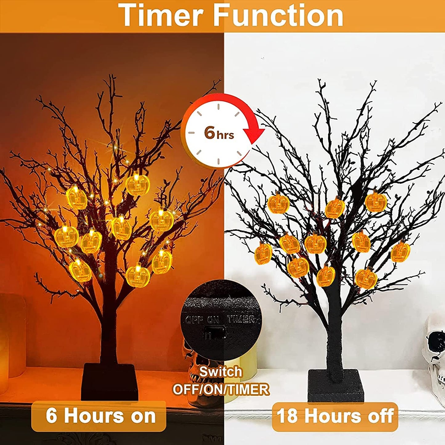 [ Timer ] 24”/ 2FT Prelit Halloween Trees Decorations with Timer 24 Orange LED 25 Pumpkin Battery Powered Halloween Black Spooky Tabletop Tree Scary Ornament Halloween Decoration Indoor Home Party  TURNMEON   