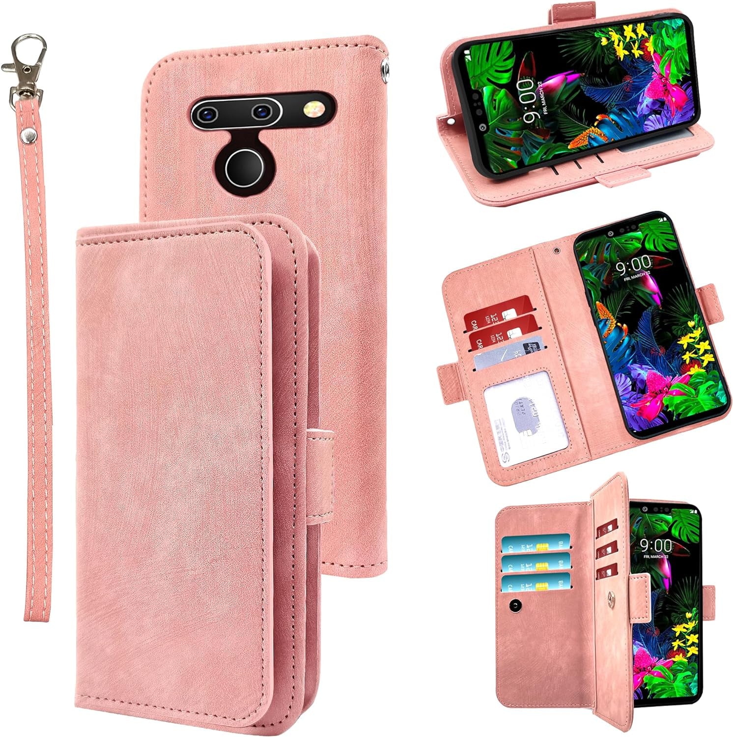Furiet Compatible with LG G8 Thinq Wallet Case Wrist Strap Lanyard Leather Flip Card Holder Stand Cell Accessories Folio Phone Cover for LGG8 Thin Q G 8 LG8 G8Thinq Lgg8Thinq 8G Women Men Brown  Furiet Pink  