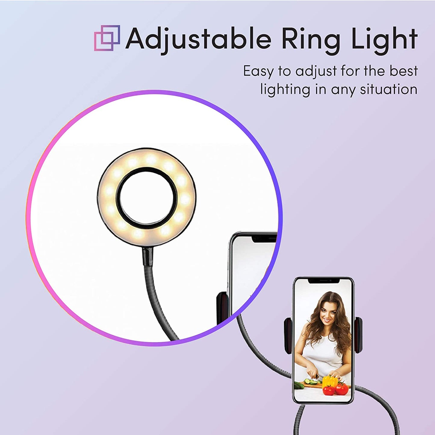 TALK WORKS Selfie Ring Light Cell Phone Holder Compatible W/Iphone 13/13 Pro/13 Pro Max/14/14 Plus/14 Pro/14 Pro Max - Flexible Clip USB LED Stand for Live Streaming W/ 10 Brightness Levels (Black)  MAP 140 (Talkworks)_Private Label (bounty)   