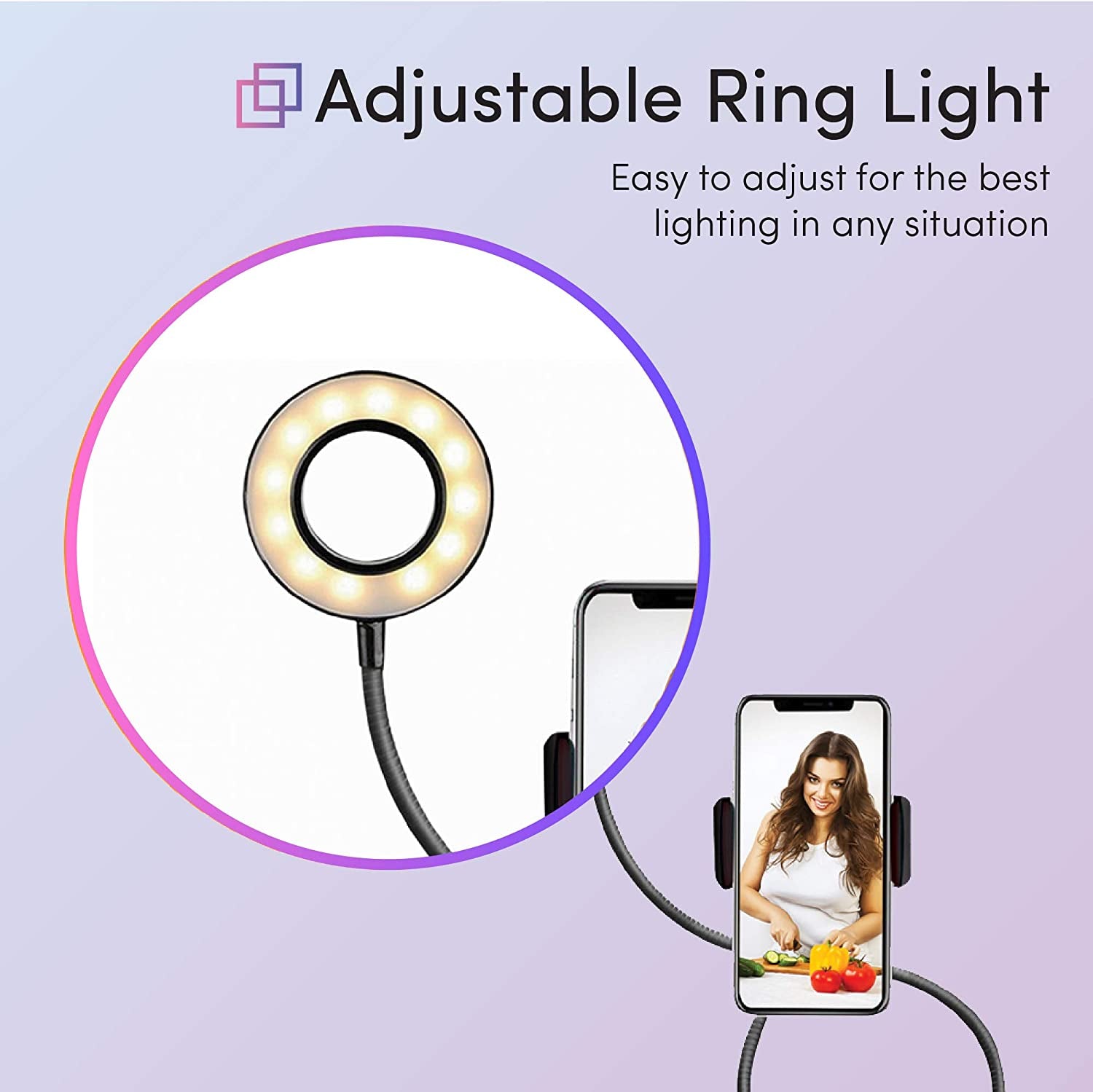 TALK WORKS Selfie Ring Light Cell Phone Holder Compatible W/Iphone 13/13 Pro/13 Pro Max/14/14 Plus/14 Pro/14 Pro Max - Flexible Clip USB LED Stand for Live Streaming W/ 10 Brightness Levels (Black)  MAP 140 (Talkworks)_Private Label (bounty)   