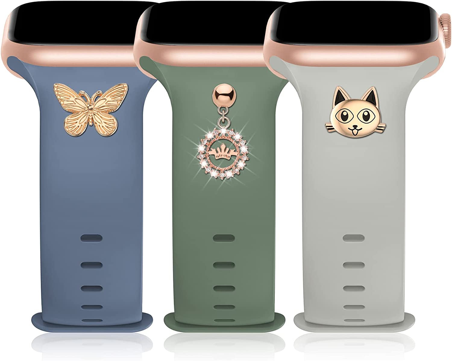 3 Pack Sport Band with DIY Charms Compatible with Apple Watch Bands 41Mm 40Mm 38Mm, Designer Soft Silicone Wristbands Replacement Strap for Iwatch Series SE 8 7 6 5 4 3 2 1 Utral for Women Men  Plesechde Olive Green/ice Ocean Blue/Stone 42mm/44mm/45mm/49mm 
