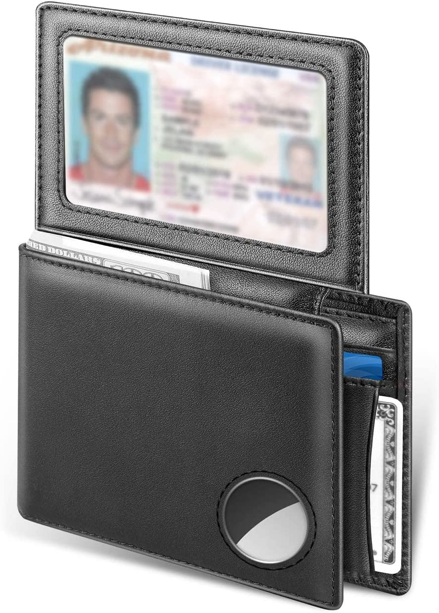 Dallson Mens Wallet for Airtag, Bifold Genuine Leather Wallet with Air Tag Holder, 2 ID Window, 10 Card Slot, RFID Blocking, Smart Wallet Compatible with Apple Airtag (Black)  Dallson Style 1 - Dark Black  