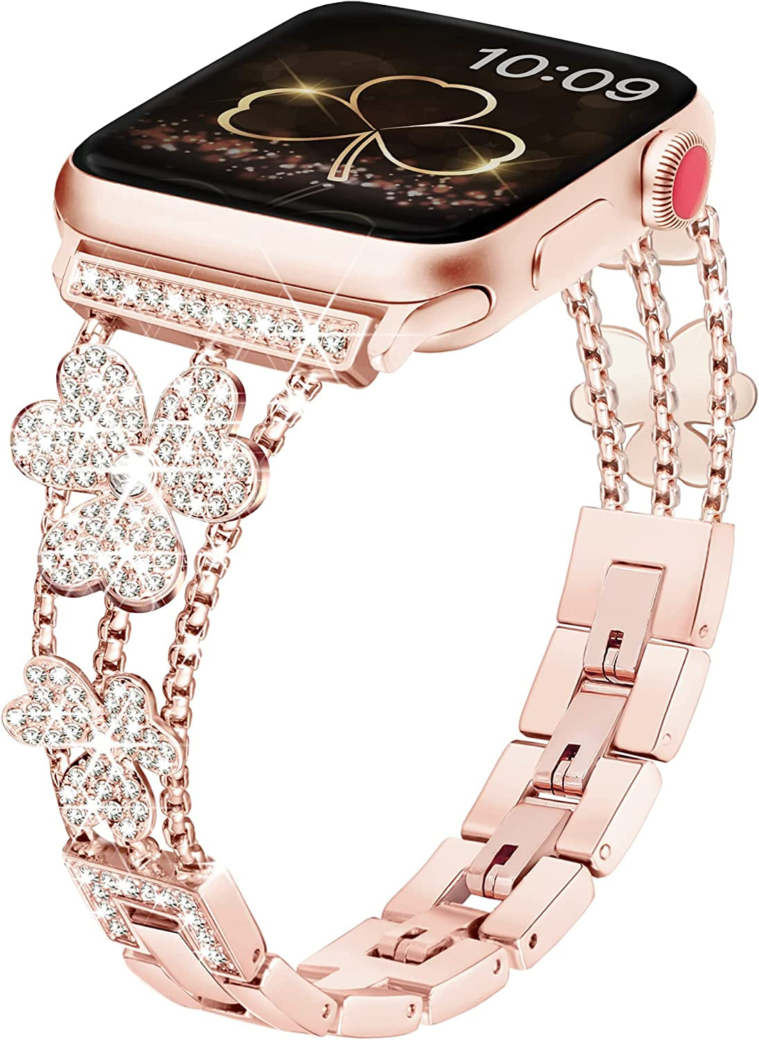Wipalor Compatible with Apple Watch Band 42Mm 44Mm 45Mm 49Mm, Lightweight for Women, Easy Adjustable Bracelet, Shiny Diamond on Butterfly, Jewelry Metal Strap for Iwatch Series 8 7 6 5 4 3 2 1 SE Ultra(Rose Gold)  NB-tech Company Upscale Clover-Rose Gold 42/44/45/49 mm 