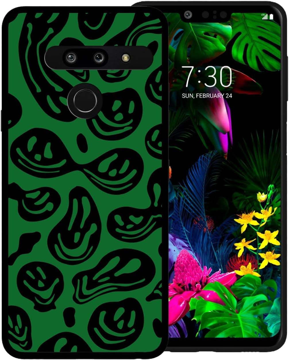 Zaztify Phone Case for LG G8 Thinq, Pastel Pink White Funny Trippy Dripping Smile Melted Hippie Smiling Skull Ghost Face Shockproof Protective Cover Shell  zaztify Dark Green Black Trippy Face  
