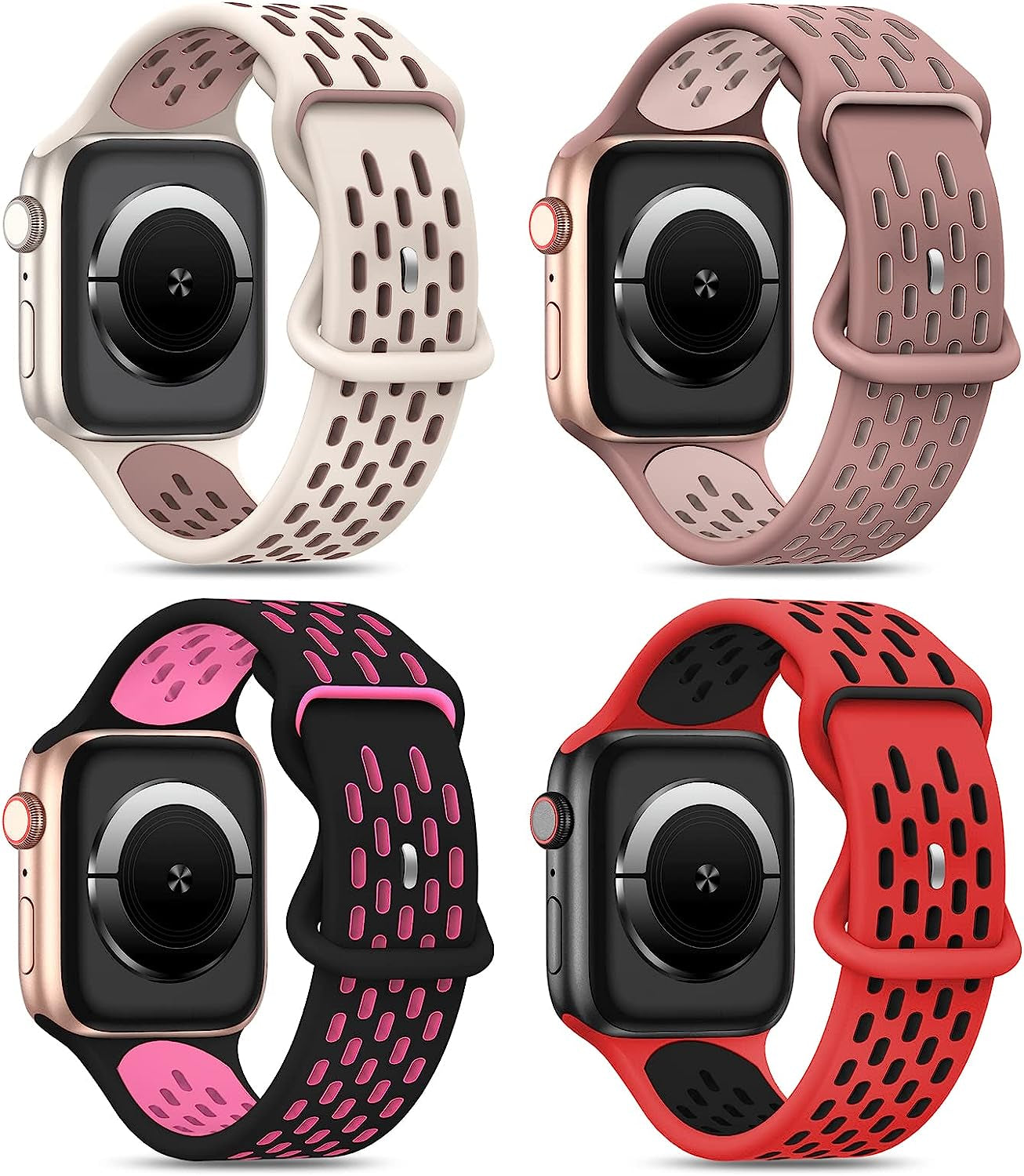 Shalila 4 Pack Sport Bands Compatible with Apple Watch Band 49Mm 45Mm 44Mm 42Mm 41Mm 40Mm 38Mm for Men Women, Silicone Breathable Wristband Replacement Strap for Iwatch Ultra Series 8/7/SE/6/5/4/3/2/1  Shalila Starlight Smokeviolet/Smokeviolet Sandpink/Black Hotpink/Red Black 38/40/41mm 