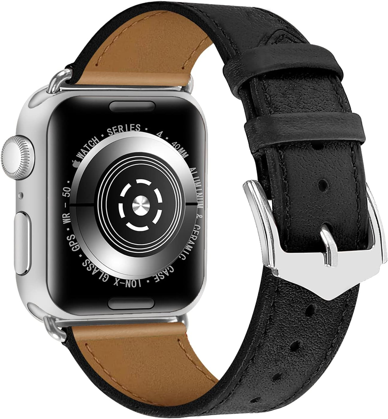 Genuine Leather Watch Bands Compatible with Apple Watch 38Mm 40Mm 41Mm for Men Women Straps Wristband for Iwatch SE & Series 7 6 5 4 3 2 1 Black Band+Silver Adapter  N-Hocezyg   