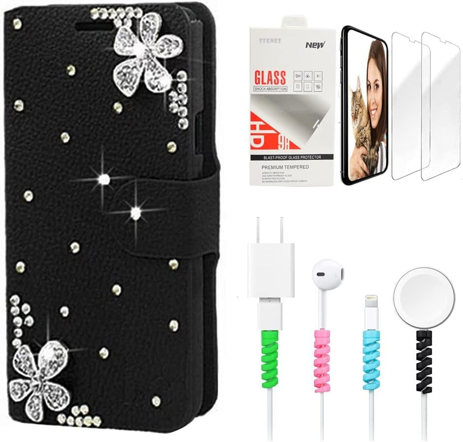 STENES Bling Wallet Phone Case Compatible with LG G7 Thinq - Stylish - 3D Handmade Crown Heart Design Leather Cover with Screen Protector & Cable Protector - Black  STENES   