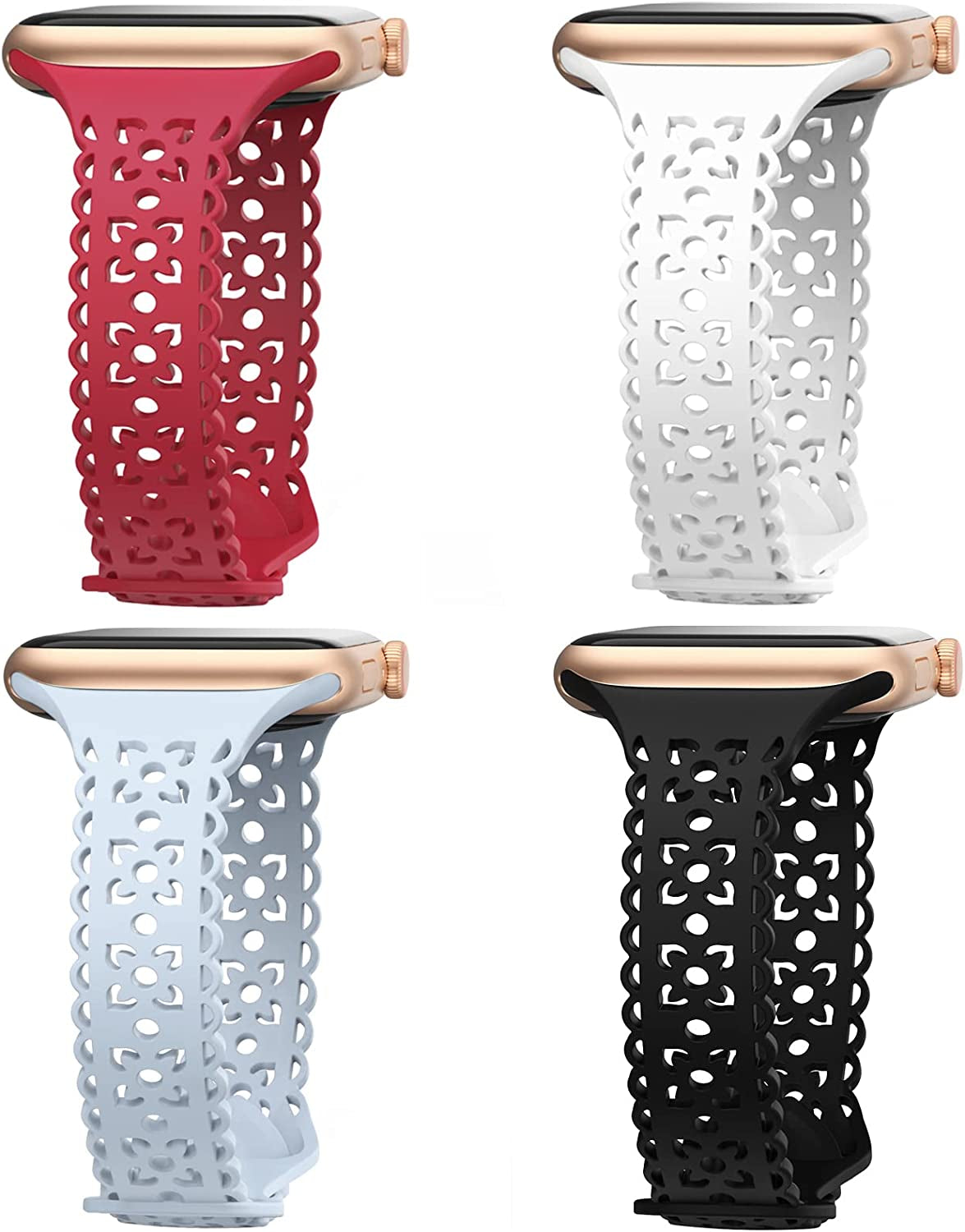 4 Pack Lace Silicone Band Compatible with Apple Watch Bands 40Mm 44Mm 41Mm 45Mm 38Mm 42Mm Women,Thin Slim Hollow-Out Sport Strap Replacement Wristbands for Iwatch Series Ultra 8 7 6 5 4 3 2 1 SE  HEARTBOOM Black /White/Red/Sky Blue 42mm/44mm/45mm/49mm 