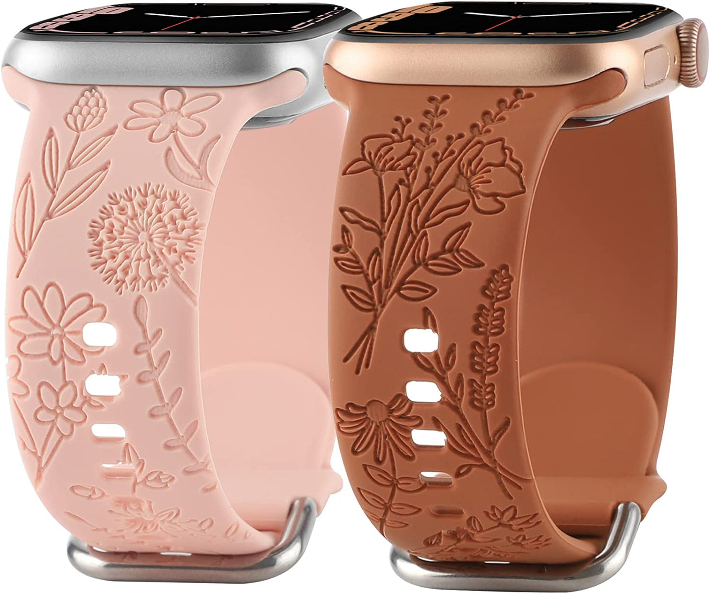 Flower Engraved Silicone Band Compatible with Apple Watch Bands 38Mm 40Mm 41Mm, Cute Women Wildflowers Floral Design Soft Sport Strap Replacement Wristbands for Iwatch Series 8 7/SE/6/5/4/3/2/1  FERJITGR Pink Brown 38/40/41mm 