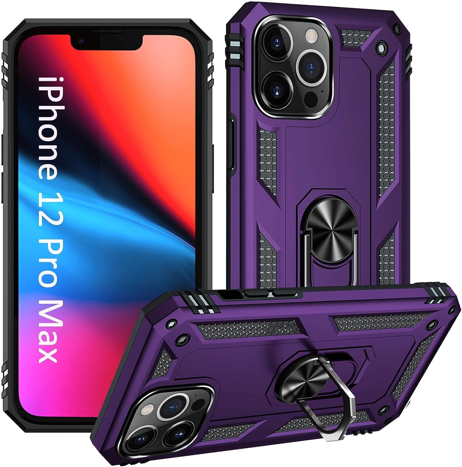ADDIT Military Grade Iphone 12 Pro Max Case - 6.7" Slim Fit, Heavy Duty Protection, Rotatable Magnetic Kickstand, TPU & Polycarbonate, Black  ADDIT Purple Iphone 12 Pro Max [6.7"] 