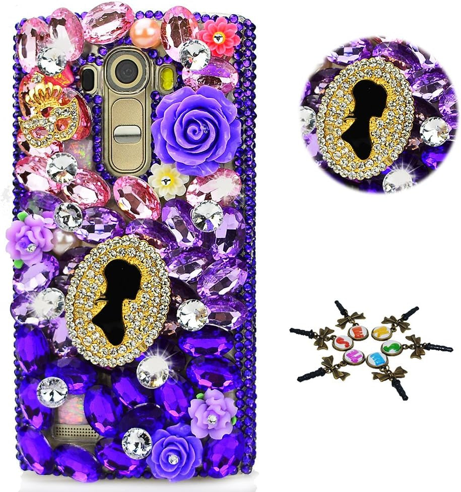 STENES LG G7 Case, LG G7 Thinq Case - STYLISH - 100+ Bling Crystal - 3D Handmade Bling Big Crown Sexy Lips Rose Flowers Design Protective Cover Case for LG G7 Thinq - Black  STENES Rose Flowers Girls Statue / Dark Purple  