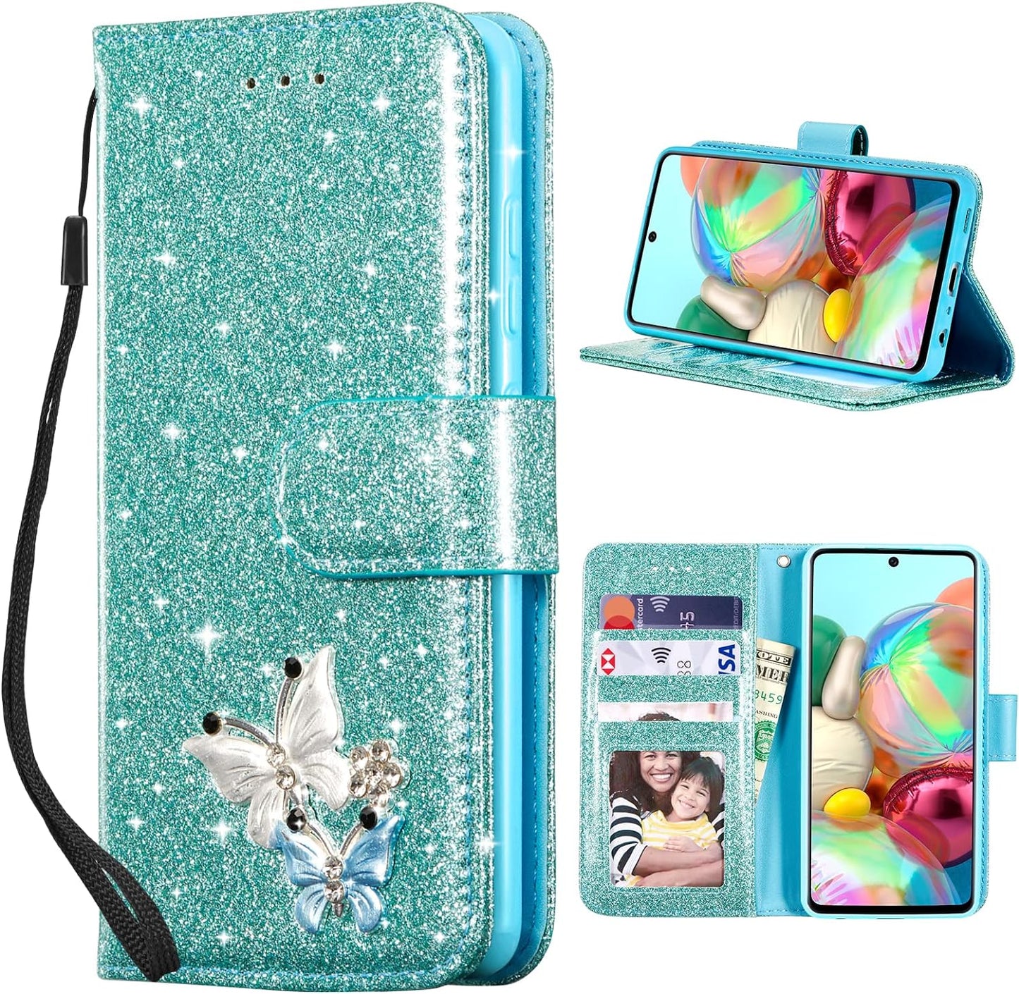 UEEBAI Wallet Case for Samsung Galaxy A53 5G, Premium Glitter PU Leather Phone Case Card Slots Kickstand Case Magnetic Closure Bling Handbag Case Shockproof Hand Strap Flip Cover - Glitter Purple  UEEBAI Mint Green Samsung Galaxy A52 4G/5G A52S 5G 