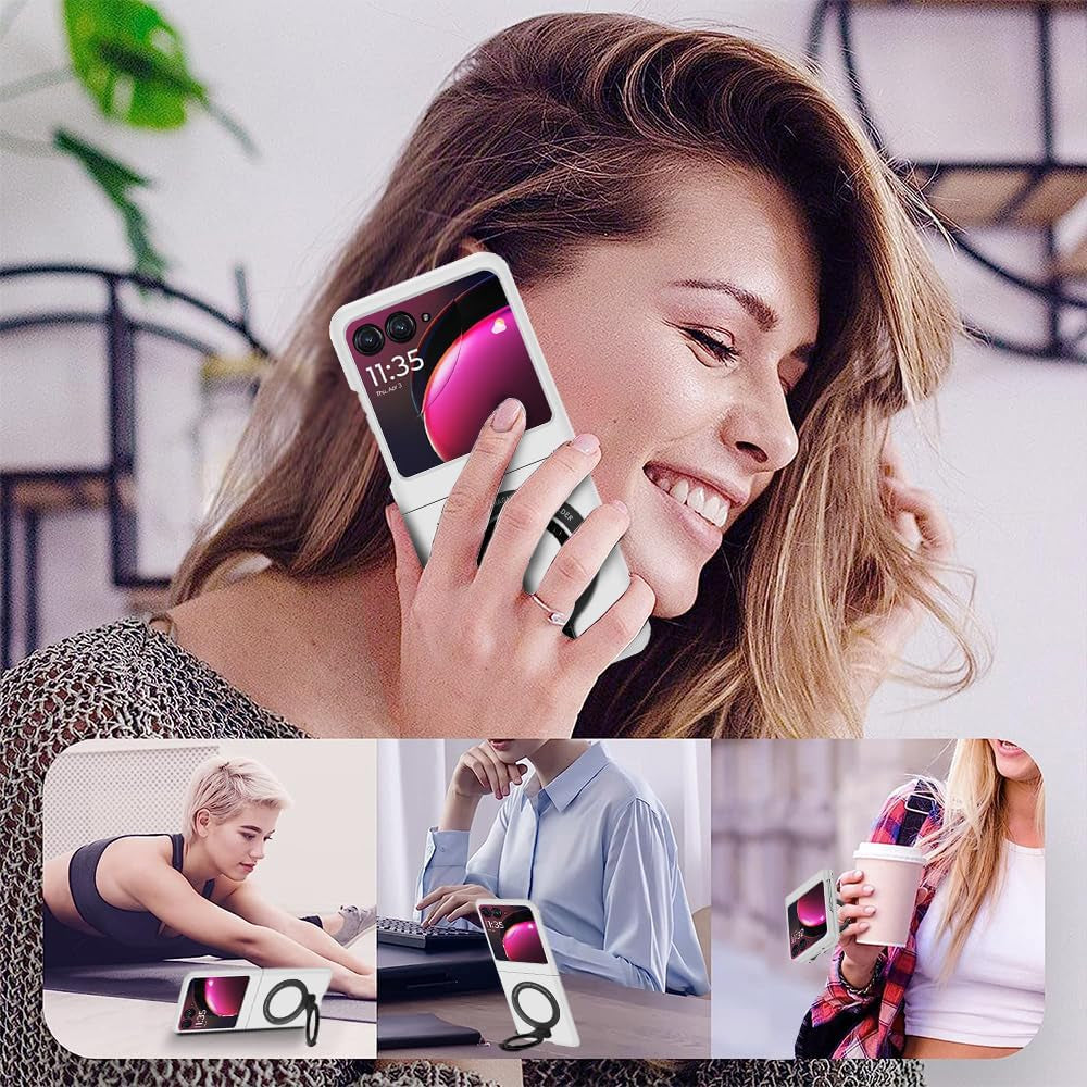 Case for Moto Razr plus 2023 Magnetic Phone Case,Ring Holder Kickstand Wireless Charging Hard PC Shockproof Protective Matte Cover Stand Case for Motorola Razr+ 2023 5G - White  pusiikeer   