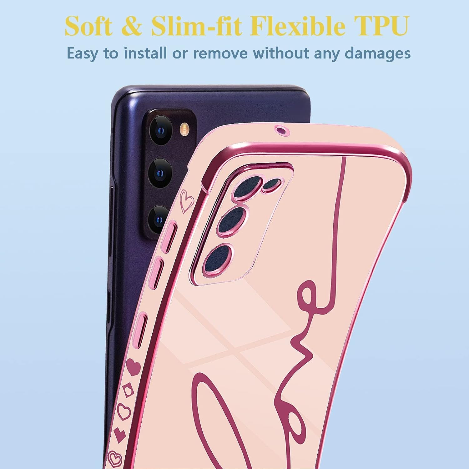 Eiyikof Compatible for Samsung Galaxy S20 FE 5G 6.5" Case with Cute Side Love Heart and Plating Love Letter Pattern Case for Women Girls Shockproof Soft TPU Full Camera Lens Protection Case-Pink  Eiyikof   