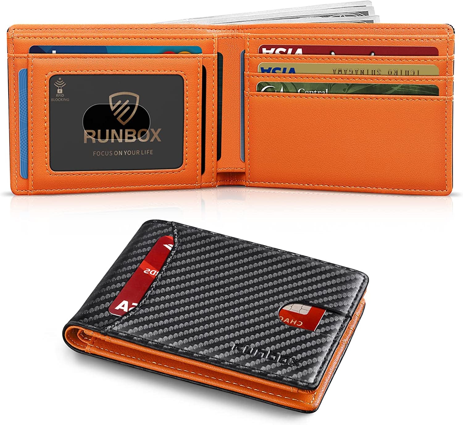 RUNBOX Bifold Slim Wallet for Men - Rfid Blocking Leather Front Pocket Men'S Wallet with Gift Box  RUNBOX carbon balck orange  