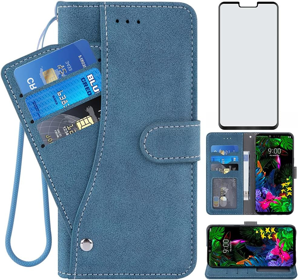 Asuwish Compatible with LG G8 Thinq Wallet Case and Tempered Glass Screen Protector Flip Cover Credit Card Holder Stand Cell Accessories Phone Cases for LGG8 Thin Q G 8 LG8 G8Thinq Lgg8Thinq 8G Blue  NSS   