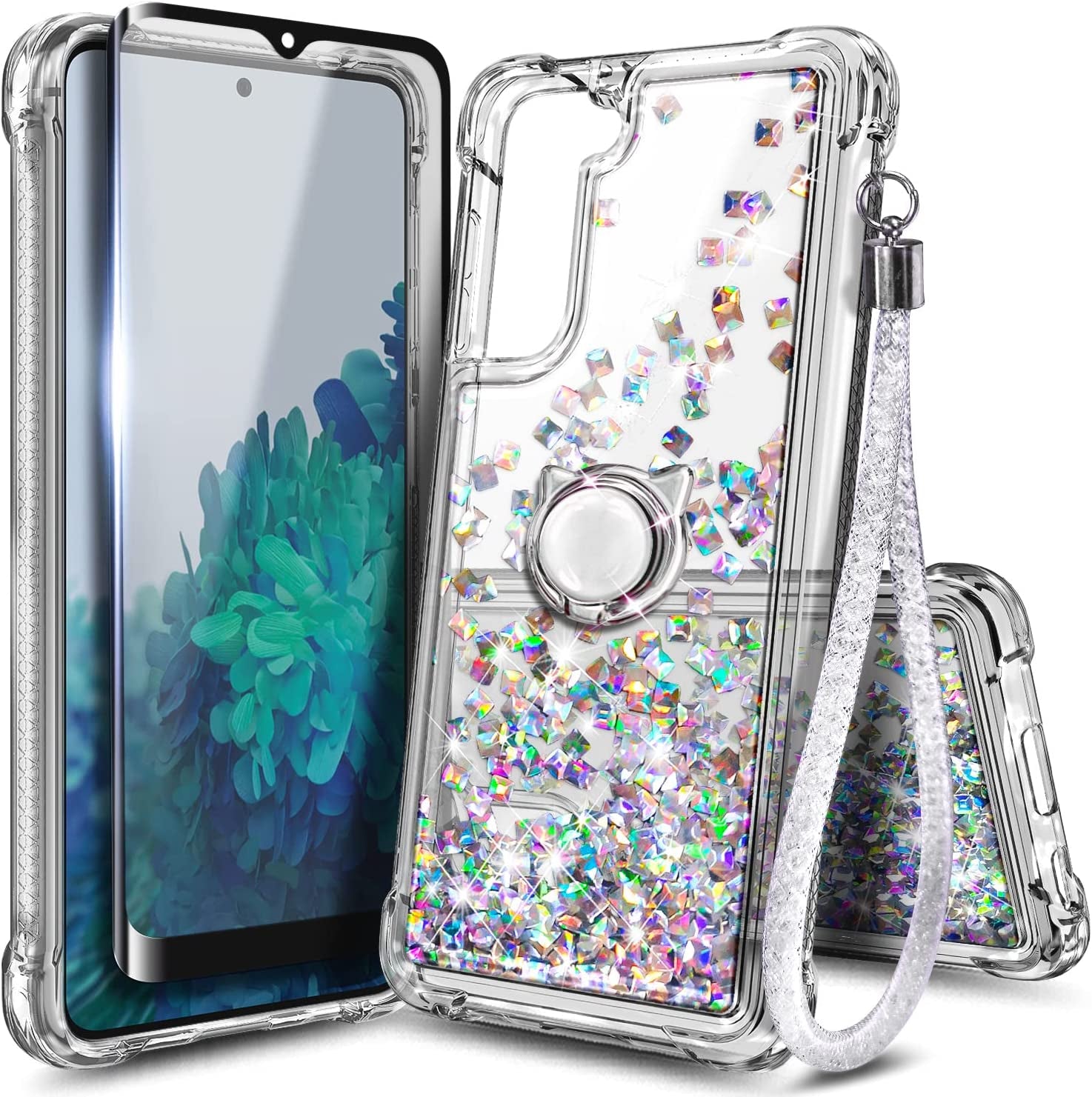 NGB Case for Samsung Galaxy S21 plus with Screen Protector (Maximum Coverage, Flexible TPU Film), Ring Holder, Girls Women Liquid Bling Sparkle Fashion Glitter Clear Cute Case (Pink/Aqua)  NGB Clear Gem  