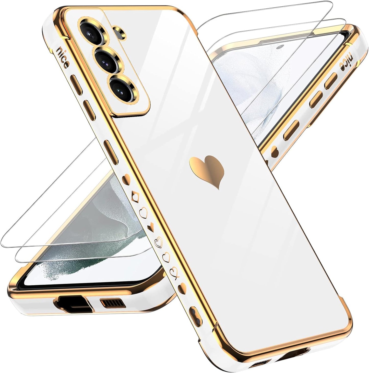 Leyi for Galaxy- S21 FE 5G- Case: Screen Protector [2 Pcs]+ Full Camera Protection, Love Heart Plating Girly Women Cute Luxury Soft TPU Case for Samsung Galaxy S21 FE, Black  LeYi White  