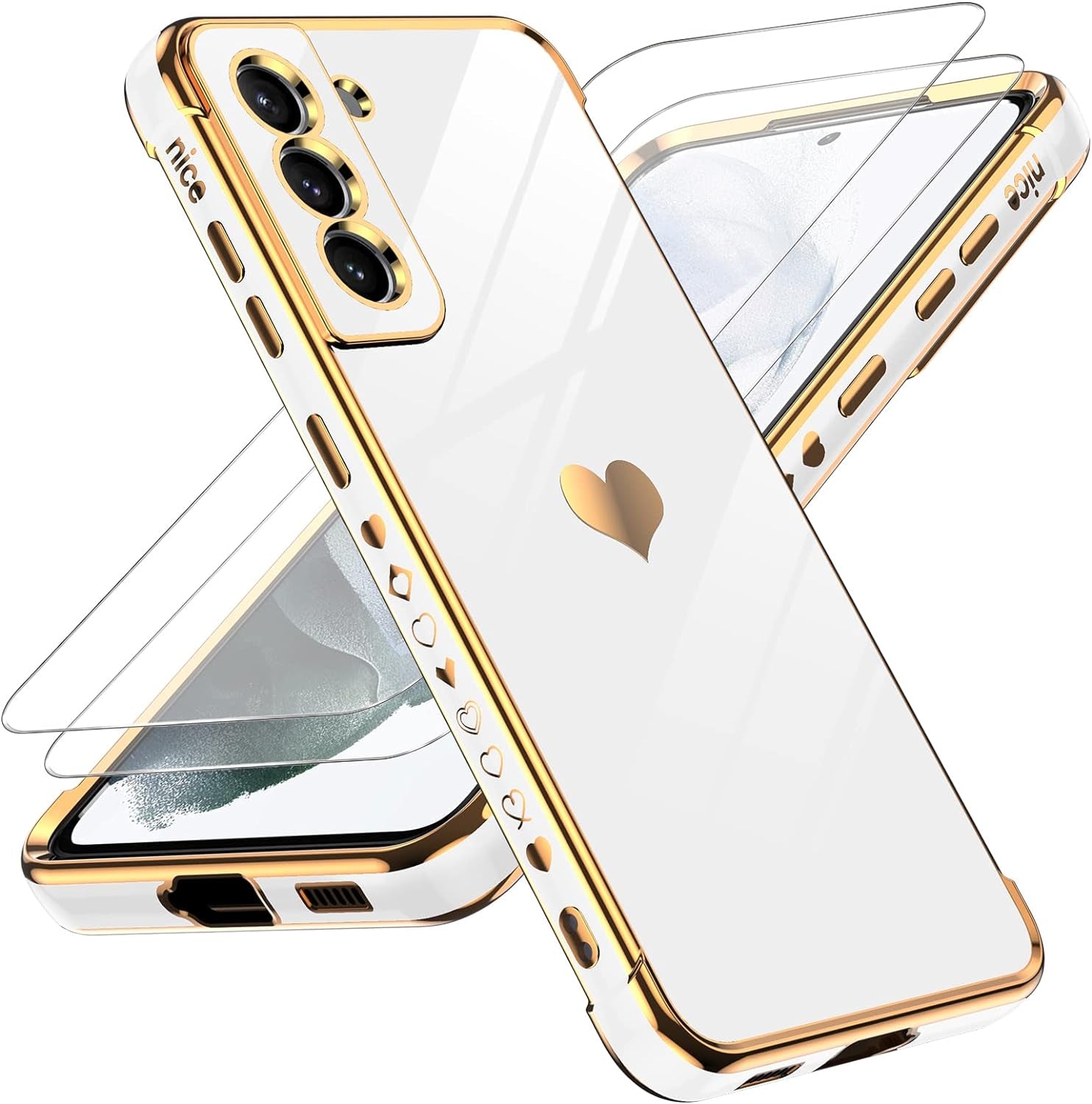 Leyi for Galaxy- S21 FE 5G- Case: Screen Protector [2 Pcs]+ Full Camera Protection, Love Heart Plating Girly Women Cute Luxury Soft TPU Case for Samsung Galaxy S21 FE, Black  LeYi White  