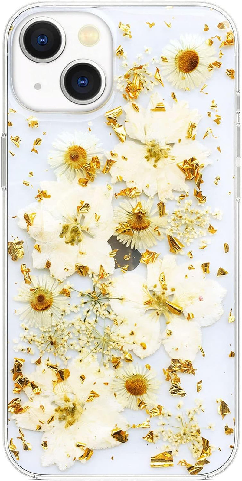 Abbery Designed for Iphone 13 Pressed Flower Case, Cute Clear with Design Soft Silicone Rubber Dried Real Flowers Floral Aesthetic Case for Iphone 13 6.1 Inch (Glitter Blue)  Abbery Gold Flower  