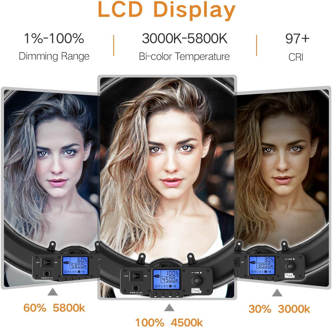 Ring Light, 19" Bi-Color LCD Display Ring Light with Stand, 55W 3000-5800K CRI≥97 Light Ring for Vlogging Selfie-Portrait Live Stream Video Photography Shooting  PIXEL   
