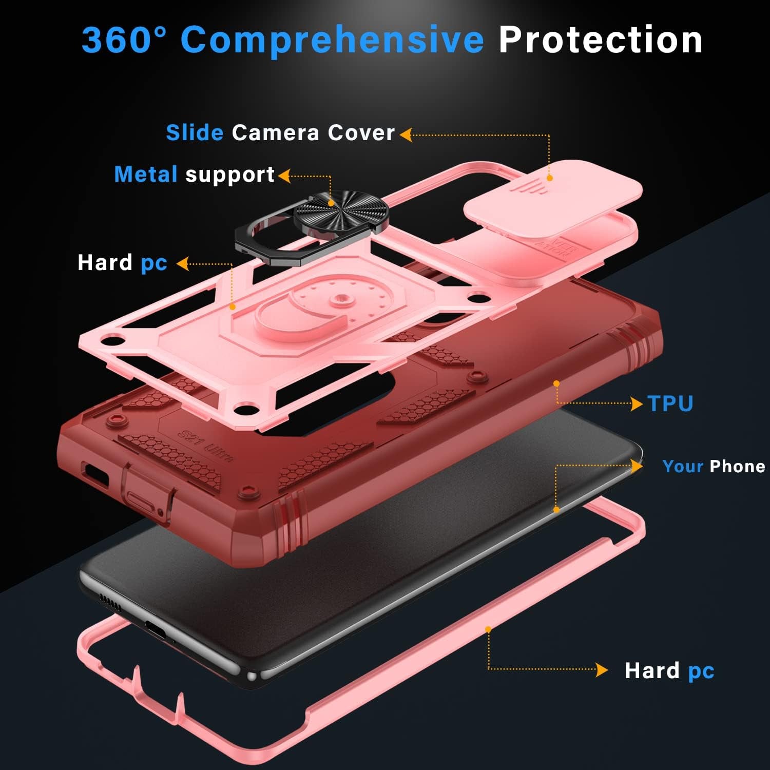 PASNEW for Samsung Galaxy S21 Ultra Case,Finger Ring Kickstand & Camera Cover Slide & Charge Port Dust Plug,Military Heavy Duty Full Body Shockproof Protective Hard Shell S21Ultra,6.8 Inch,Pink  PASNEW   
