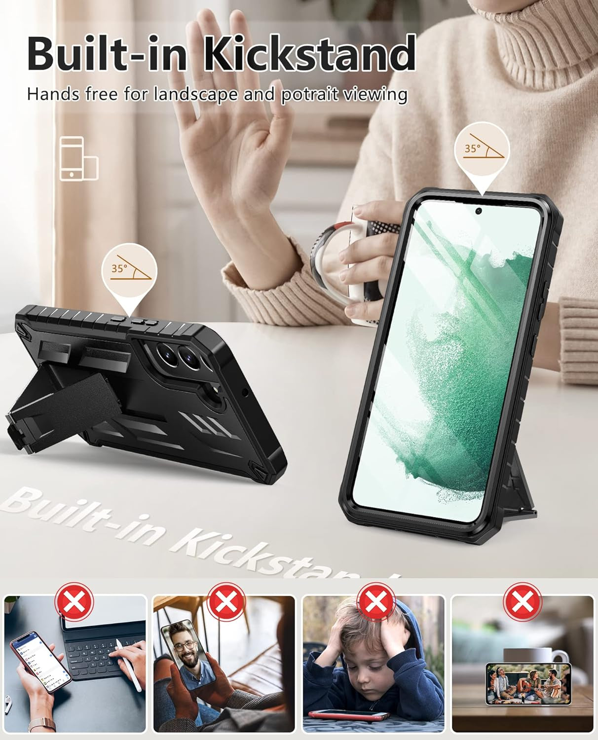 FNTCASE for Samsung Galaxy S22 plus Case: Shockproof Durable S22+ Cell Phone Cover with Built-In Kickstand | TPU Bumper Textured | Full-Body Protective Rugged Belt-Clip Holster Designed Black  DAMAI   