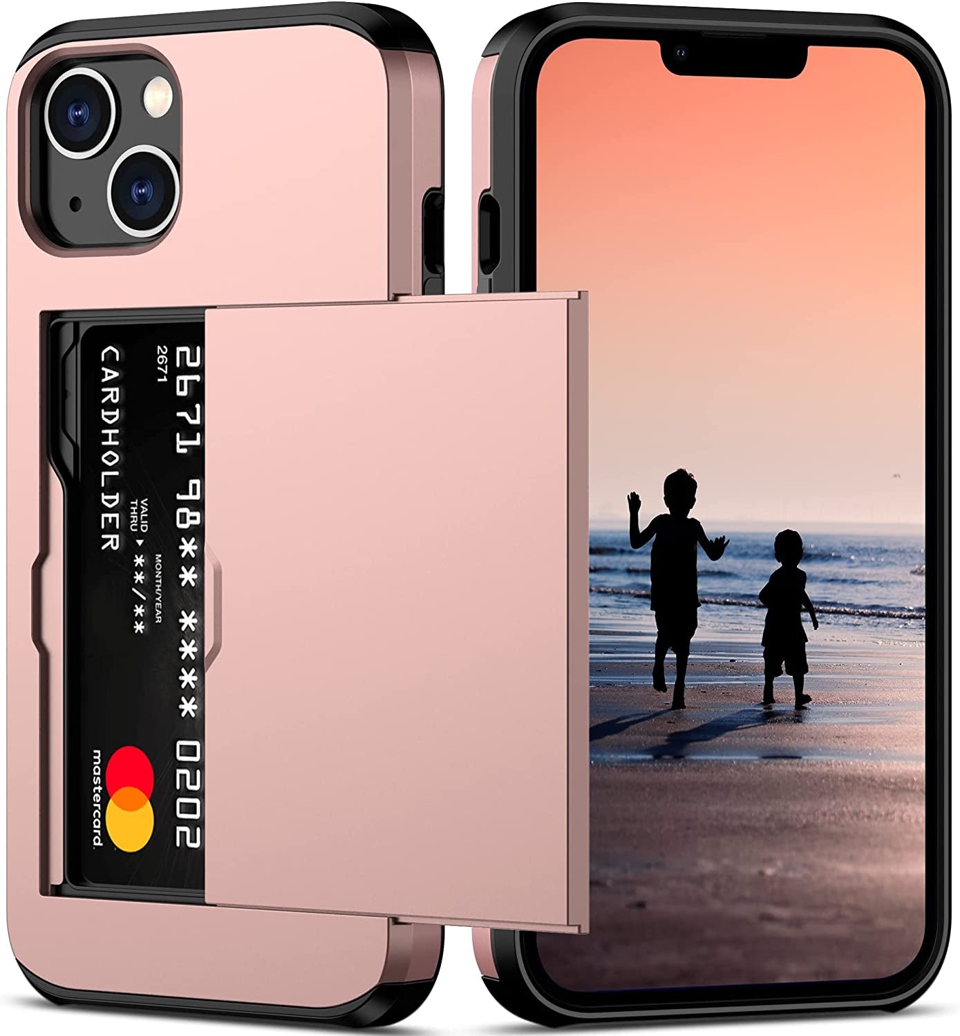 Nvollnoe for Iphone 14 Case with Card Holder Heavy Duty Protective Dual Layer Shockproof Hidden Card Slot Slim Wallet Case for Iphone 14 for Women&Men(Rose Gold)  Nvollnoe Rose Gold  