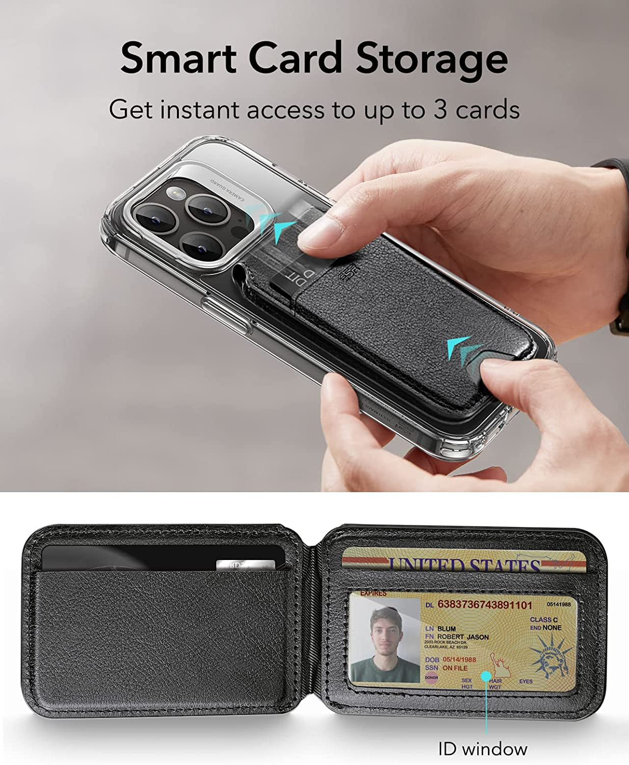 ESR Halolock Magsafe Wallet and Clear Kickstand Case, Compatible with Iphone 14 Pro Max Case, Black Detachable Magsafe Wallet with Adjustable Stand, 3-Card Holder, Military-Grade Protection  ESR   