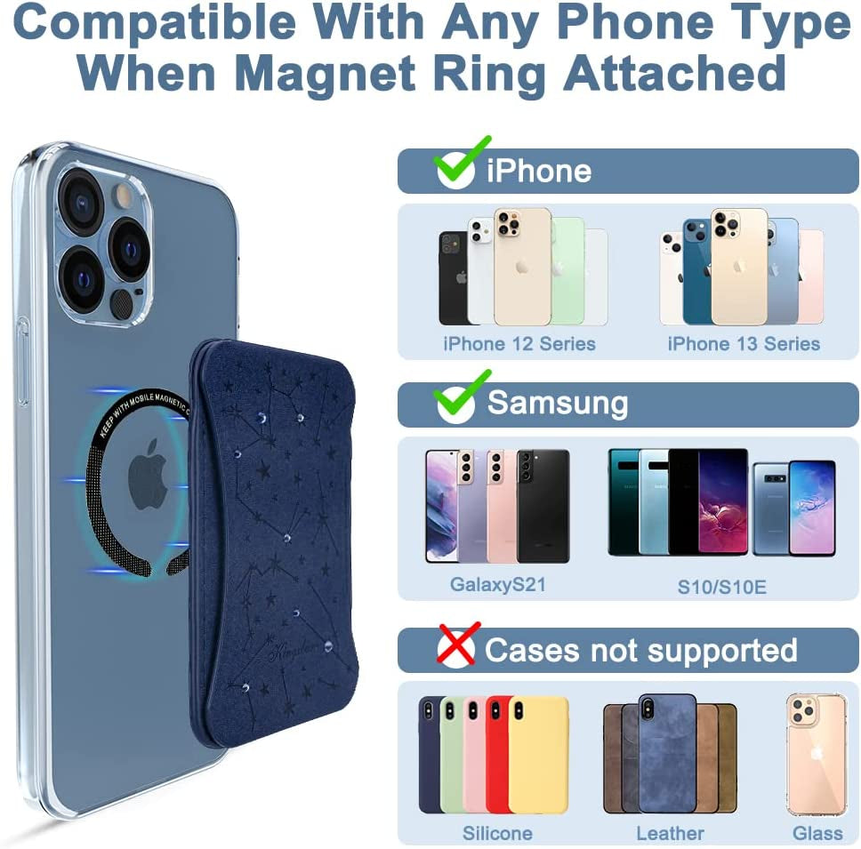 Magnetic Wallet Stand Card Holder Compatible with Magsafe for Iphone 11 12 13 14 Promax, Samsung Galaxy S22 23 Ultra, with Extra 2 Megnet Rings, Blue  KINGXBAR   